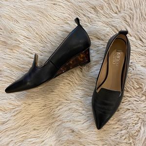 Size 6 Franco Sarto black and brown heels with tortoise shell wedge point toe